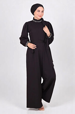 İnci Detaylı Tulum Elbise Siyah MSW19152-1