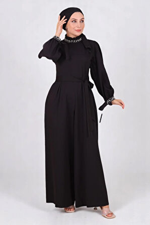 İnci Detaylı Tulum Elbise Siyah MSW19152-1