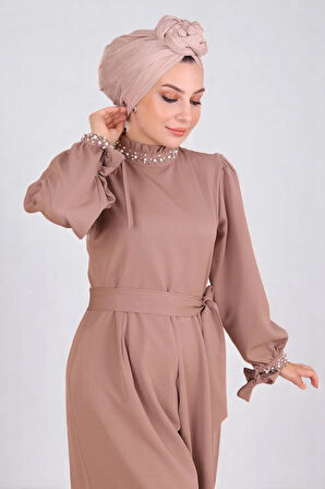 İnci Detaylı Tulum Elbise Vizon MSW19152-3