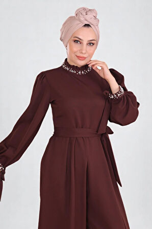 İnci Detaylı Tulum Elbise Kahverengi MSW19152-5
