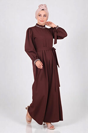 İnci Detaylı Tulum Elbise Kahverengi MSW19152-5
