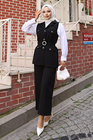 Süs Cep Detaylı Yelekli Takım Siyah MSW19249-1