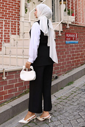 Süs Cep Detaylı Yelekli Takım Siyah MSW19249-1