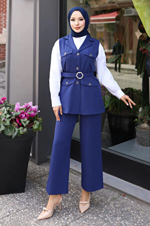 Süs Cep Detaylı Yelekli Takım İndigo MSW19249-2