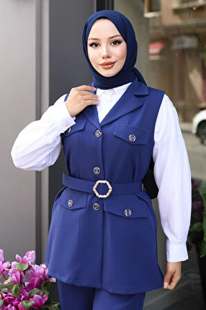 Süs Cep Detaylı Yelekli Takım İndigo MSW19249-2