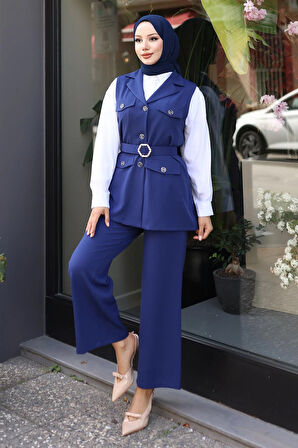 Süs Cep Detaylı Yelekli Takım İndigo MSW19249-2