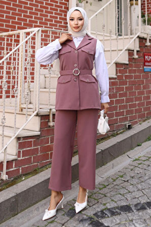 Süs Cep Detaylı Yelekli Takım Gül Kurusu MSW19249-3