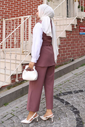 Süs Cep Detaylı Yelekli Takım Gül Kurusu MSW19249-3