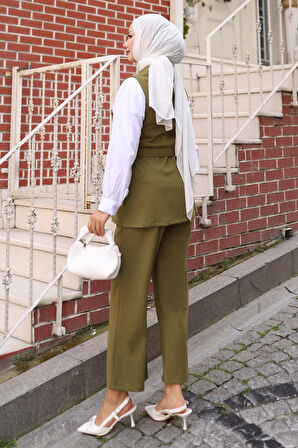 Süs Cep Detaylı Yelekli Takım Haki MSW19249-4