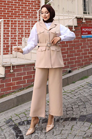 Süs Cep Detaylı Yelekli Takım Bej MSW19249-5
