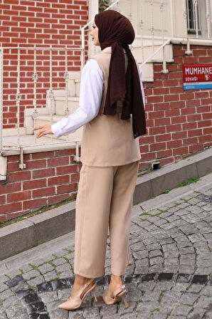 Süs Cep Detaylı Yelekli Takım Bej MSW19249-5