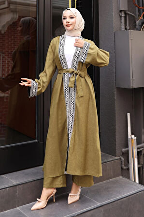 Etnik Desenli Kimono Takım Haki MSW19251-4