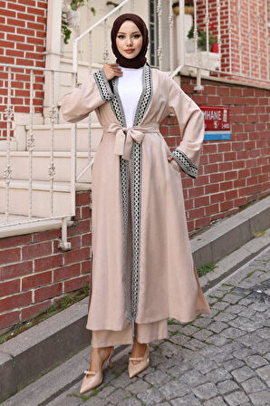 Etnik Desenli Kimono Takım Bej MSW19251-5