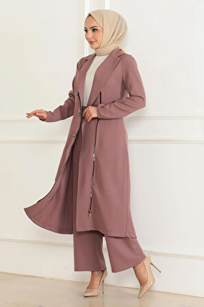 Düğme Detaylı Fermuarlı Takım Gül Kurusu MSW19219-3