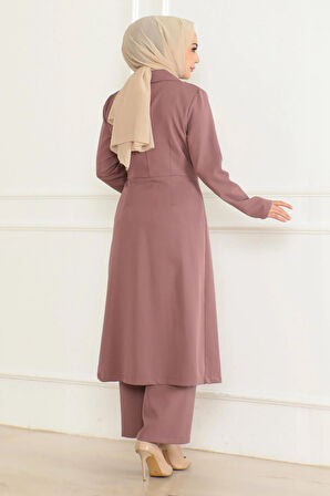 Düğme Detaylı Fermuarlı Takım Gül Kurusu MSW19219-3