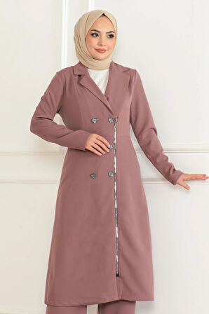 Düğme Detaylı Fermuarlı Takım Gül Kurusu MSW19219-3