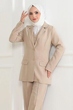 Yelekli Üçlü Takım Bej MSW19222-4