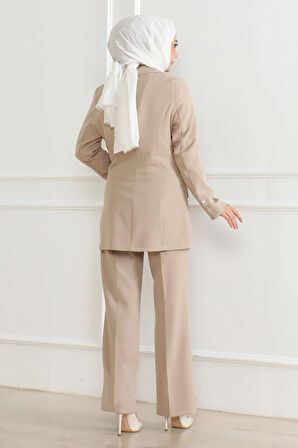 Yelekli Üçlü Takım Bej MSW19222-4