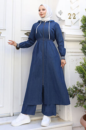 Beli Lastikli Kapşonlu Kot Takım Koyu Mavi MSW19370-2