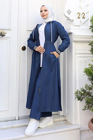 Beli Lastikli Kapşonlu Kot Takım Koyu Mavi MSW19370-2