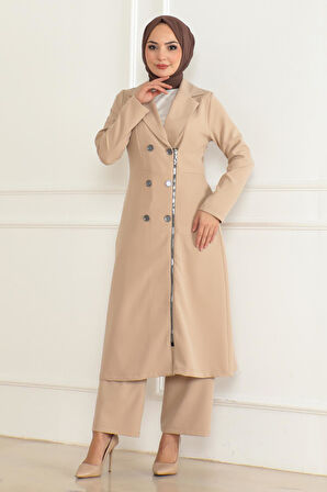 Düğme Detaylı Fermuarlı Takım Bej MSW19219-5