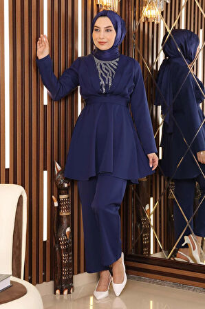 Taş Detaylı Kemerli Takım İndigo MSW19122-1