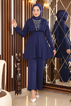 Taş Detaylı Kemerli Takım İndigo MSW19122-1