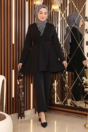 Taş Detaylı Kemerli Takım Siyah MSW19122-3