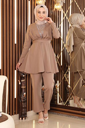 Taş Detaylı Kemerli Takım Vizon MSW19122-4