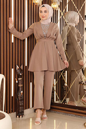 Taş Detaylı Kemerli Takım Vizon MSW19122-4