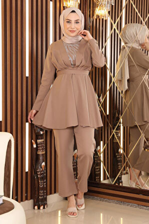 Taş Detaylı Kemerli Takım Vizon MSW19122-4