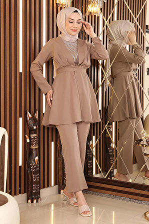 Taş Detaylı Kemerli Takım Vizon MSW19122-4