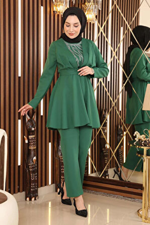 Taş Detaylı Kemerli Takım Zümrüt MSW19122-5