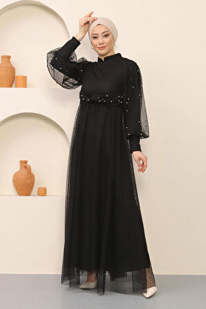 İnci Detaylı Tül Abiye Siyah MSW12238-1