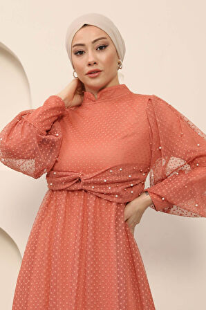 İnci Detaylı Tül Abiye Somon MSW12238-2