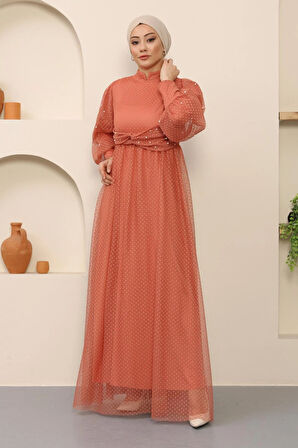 İnci Detaylı Tül Abiye Somon MSW12238-2