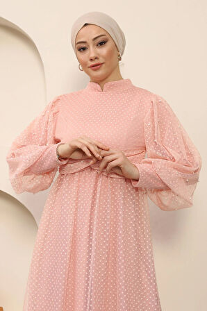 İnci Detaylı Tül Abiye Pudra MSW12238-3