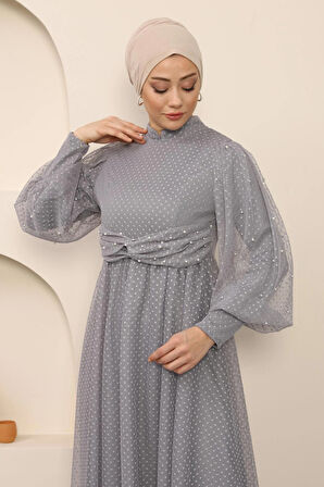 İnci Detaylı Tül Abiye Gri MSW12238-5