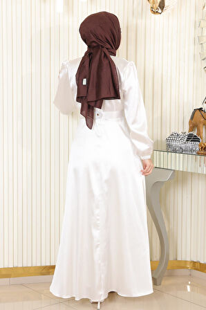 Taş Detaylı Saten Abiye Beyaz MSW19901-2