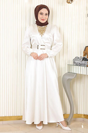 Taş Detaylı Saten Abiye Beyaz MSW19901-2