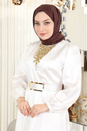 Taş Detaylı Saten Abiye Beyaz MSW19901-2