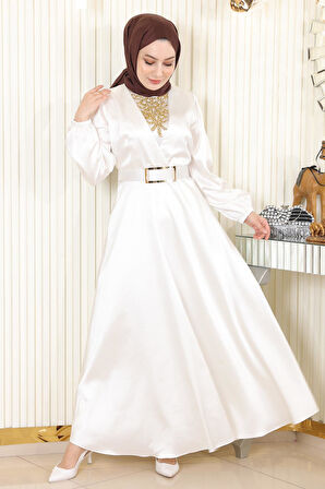 Taş Detaylı Saten Abiye Beyaz MSW19901-2