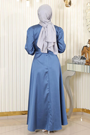 Taş Detaylı Saten Abiye Mavi MSW19901-3