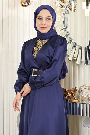 Taş Detaylı Saten Abiye İndigo MSW19901-4
