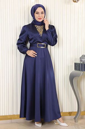 Taş Detaylı Saten Abiye İndigo MSW19901-4