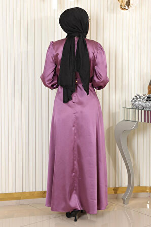 Taş Detaylı Saten Abiye Gül Kurusu MSW19901-5