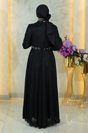 Taş Detaylı Göğsü Drapeli Simli Abiye Siyah MSW19188-1