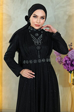 Taş Detaylı Göğsü Drapeli Simli Abiye Siyah MSW19188-1