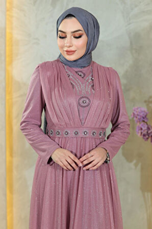 Taş Detaylı Göğsü Drapeli Simli Abiye Gül Kurusu MSW19188-2