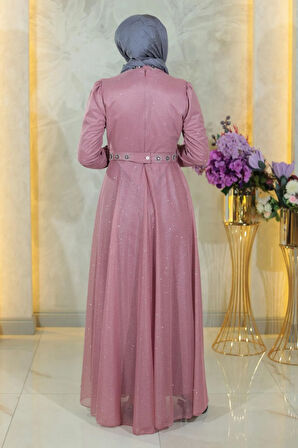 Taş Detaylı Göğsü Drapeli Simli Abiye Gül Kurusu MSW19188-2